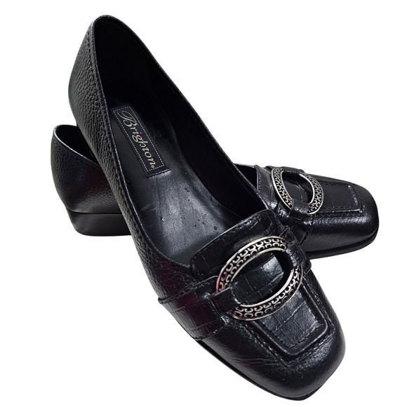 Brighton Shoes - Brighton Black Pebbled Leather Croc Embossed Loafers Silver Buckle 7.5M Office